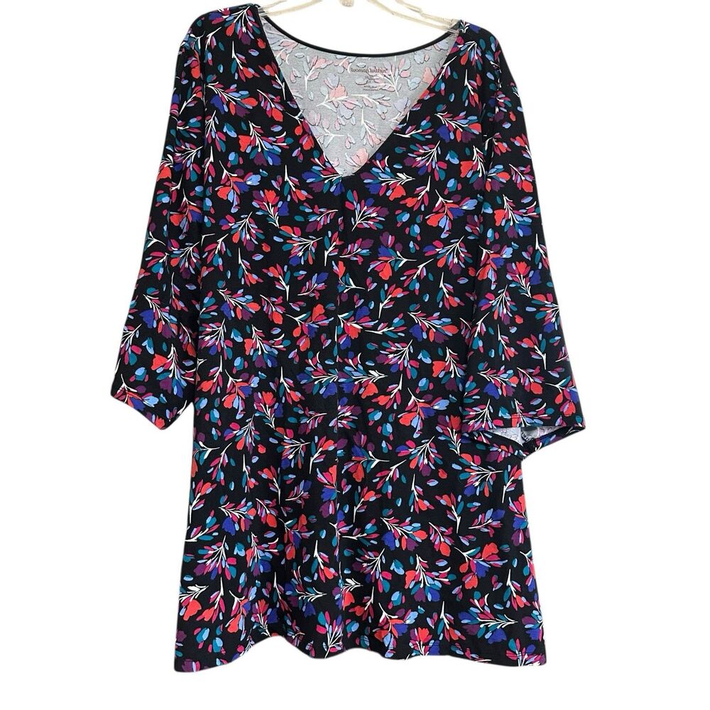 Woman Within‎ Black Floral V Neck Tunic Top 5X Short Sleeve Feminine Stretchy